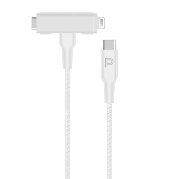 صورة Powerology 60W 1.2M Braided USB-C to USB-C + Lightning Fast Charge, White
